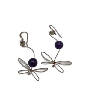 925 Sterling Silver Artisan Wired Butterfly Drop Earrings - 2.58g Amethyst